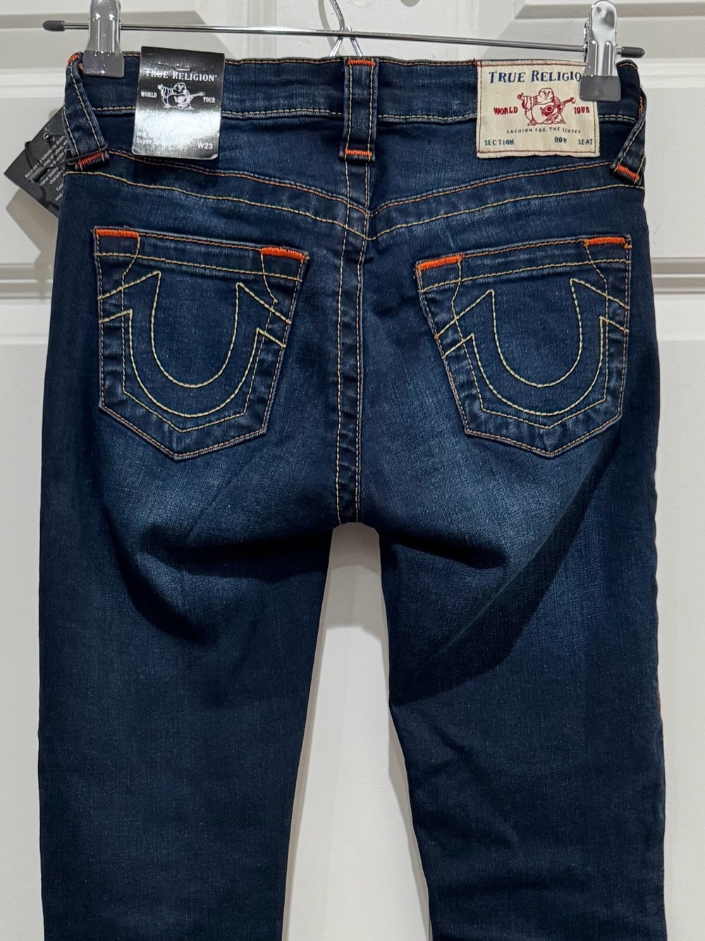 True Religion Women’s Skinny Jeans - Dark Blue with Orange Stitching